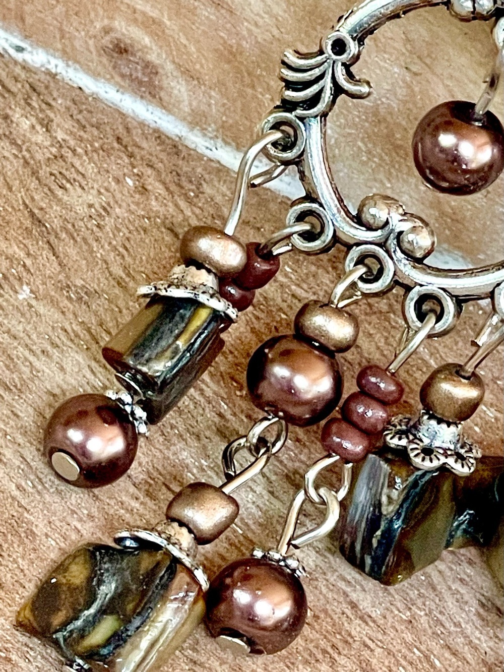 Handcrafted Artisan Boho Brown and Gold Chandelier Earrings in Silver Setting - Picture 3 of 4